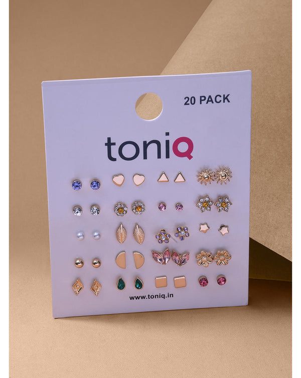 A collection of 20 gold-plated stud earrings in various floral, heart, and round shapes, adorned with pearls and cubic zirconia stones