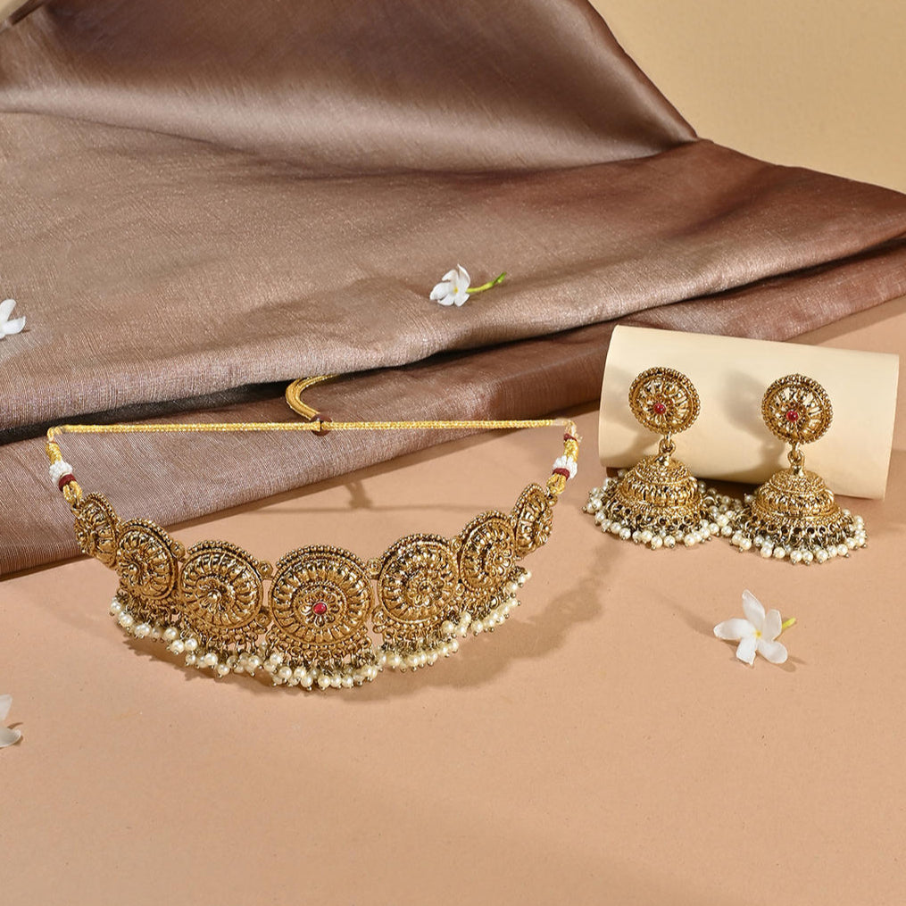 mehendi gold temple necklace and earrings set with intricate designs and pearl accents