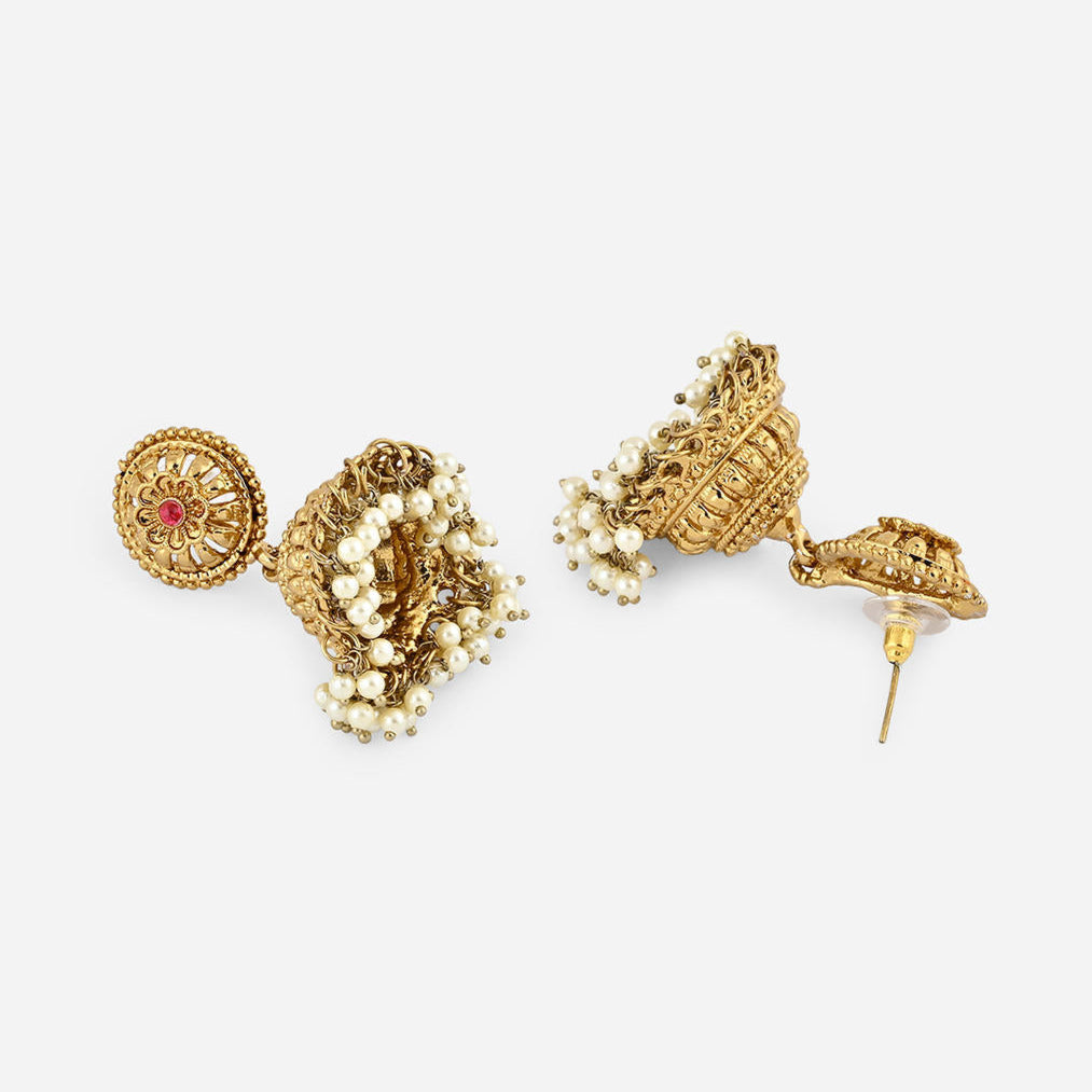 mehendi gold temple earrings set with intricate designs and pearl accents.