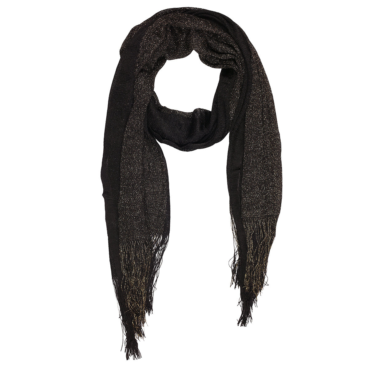 Glamorous Black & Gold Zari Shimmer Dupatta with Fringe