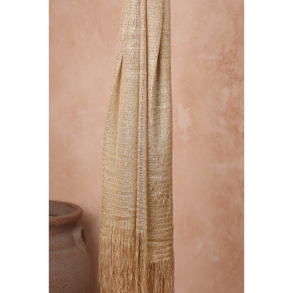 Dazzling Solid Gold Zari Weave Scarf with Fringe