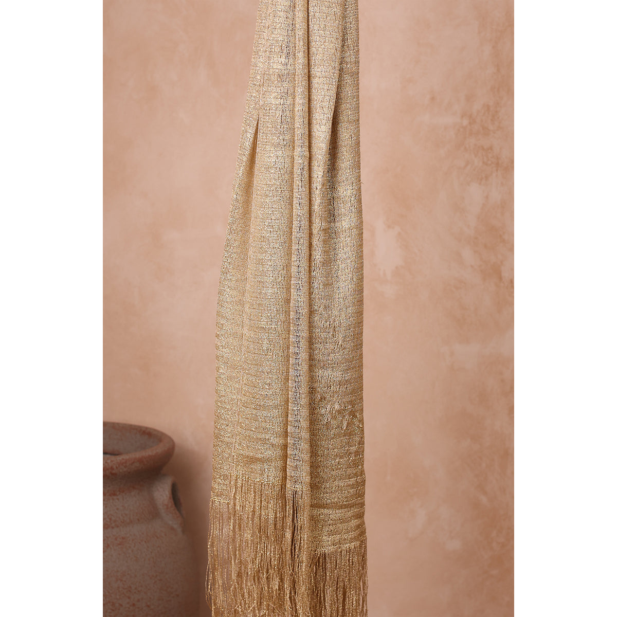 Dazzling Solid Gold Zari Weave Scarf with Fringe