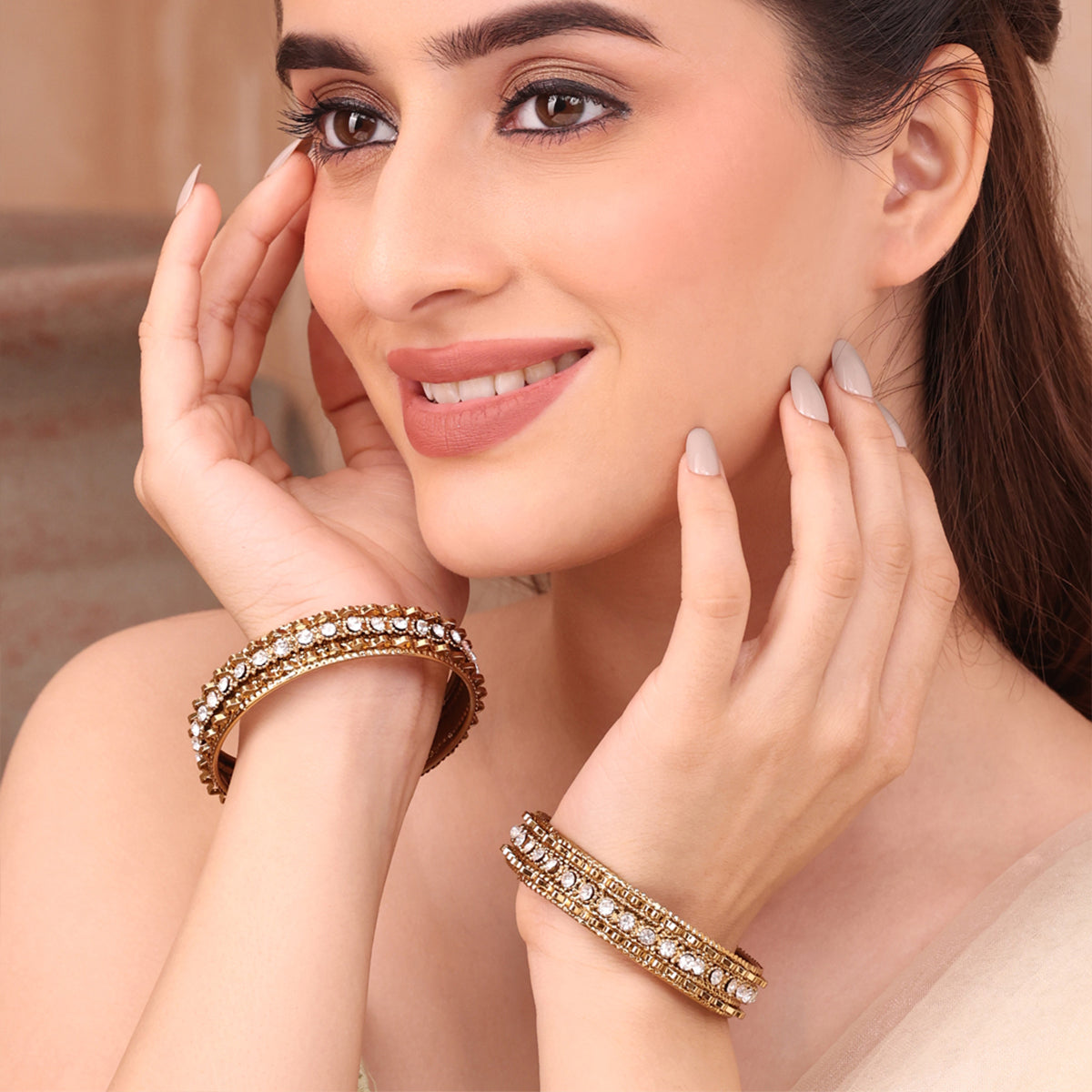 Set of 2 Traditional Golden Bangles with Artificial Stone (2.8)