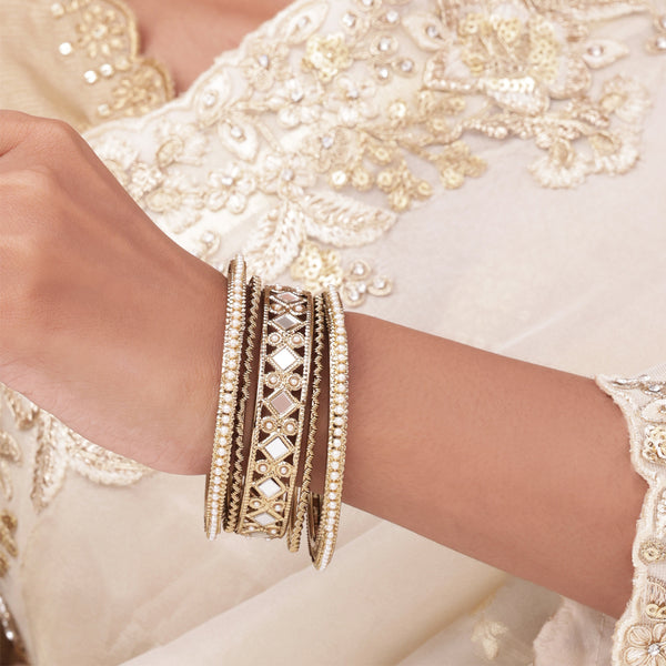 Rajwada Mira-Inlay Gold Pearl Bangle Set (Set of 5) (2.8)