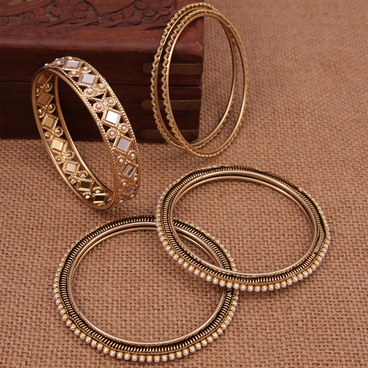 Rajwada Mira-Inlay Gold Pearl Bangle Set (Set of 5) (2.8)