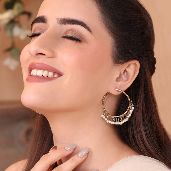 Golden & White Pearl Embellished Hoop Earrings