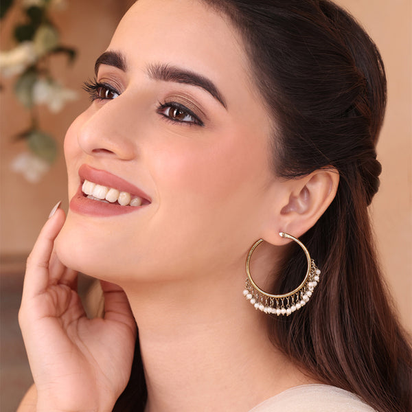 Golden & White Pearl Embellished Hoop Earrings