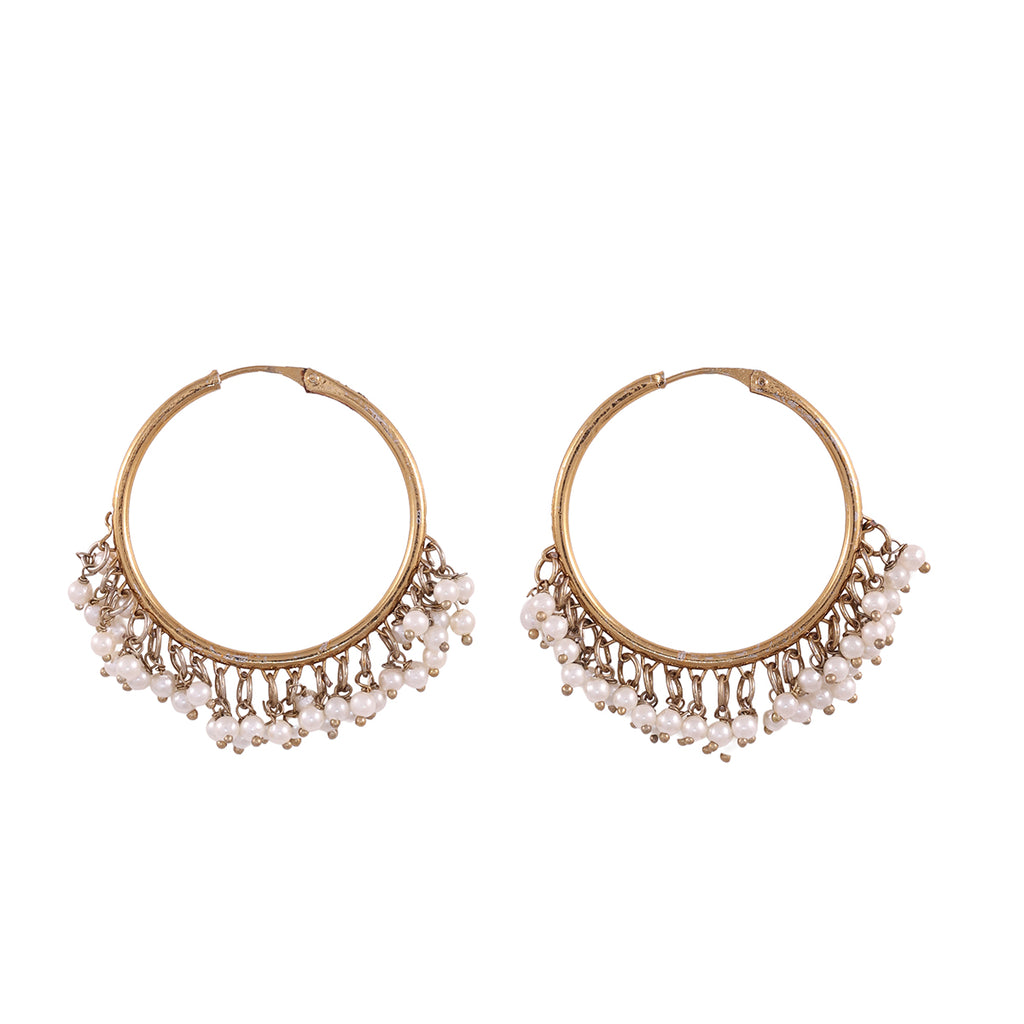 Golden & White Pearl Embellished Hoop Earrings