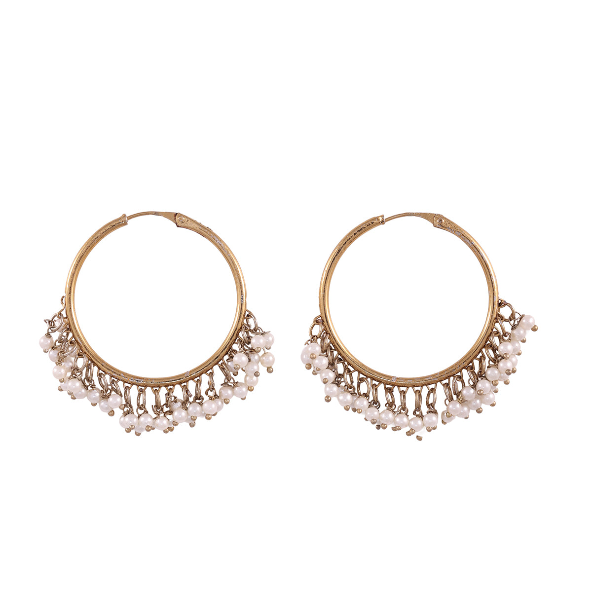Golden & White Pearl Embellished Hoop Earrings