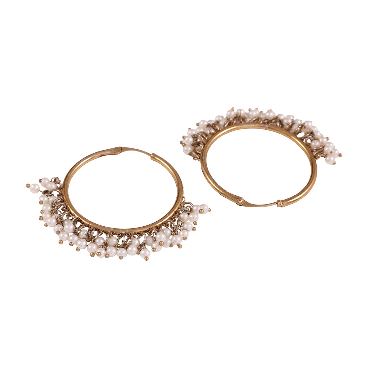 Golden & White Pearl Embellished Hoop Earrings