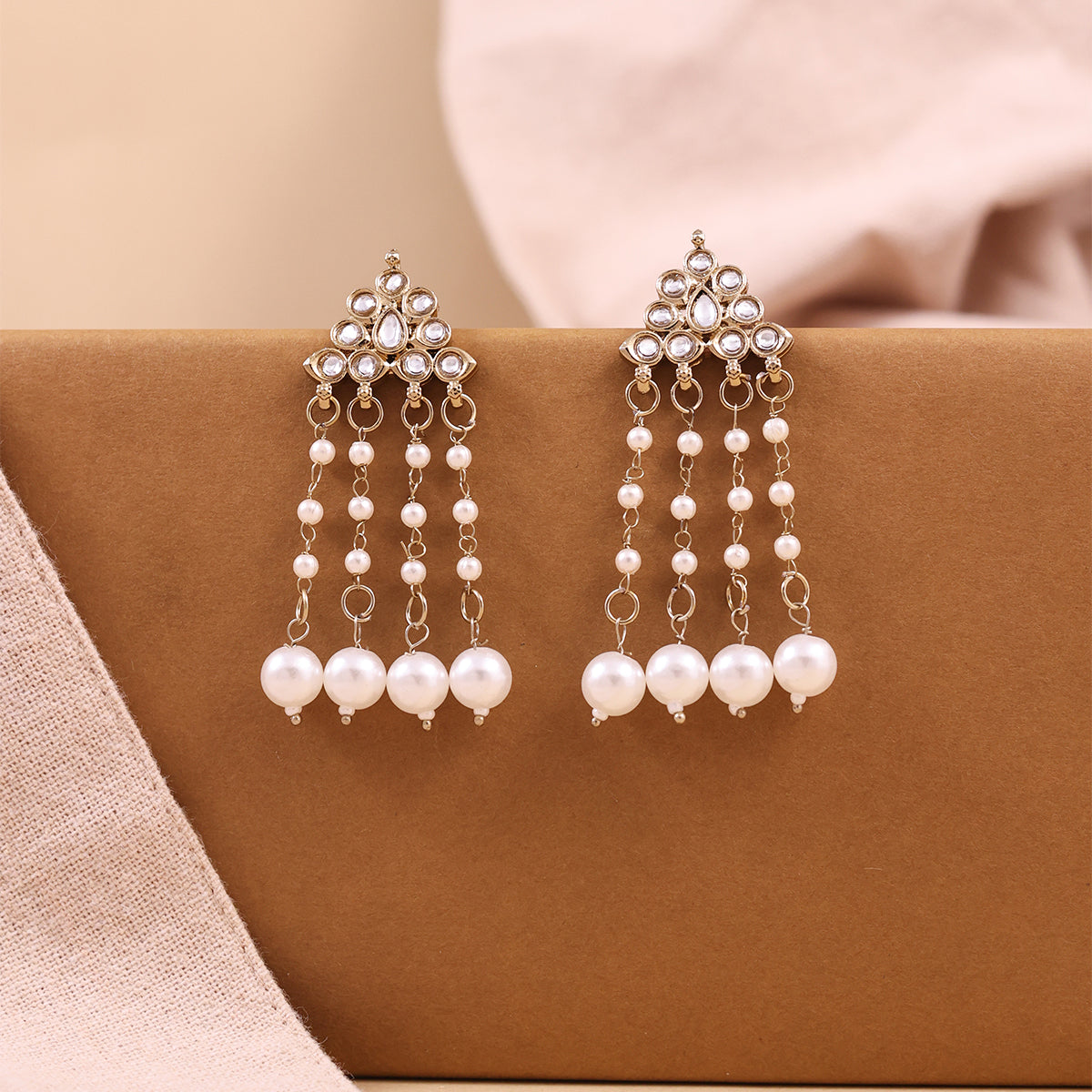 Antique Gold-Tone Kundan Stud with Pearl Chain Drop Earrings