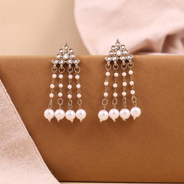 Antique Gold-Tone Kundan Stud with Pearl Chain Drop Earrings