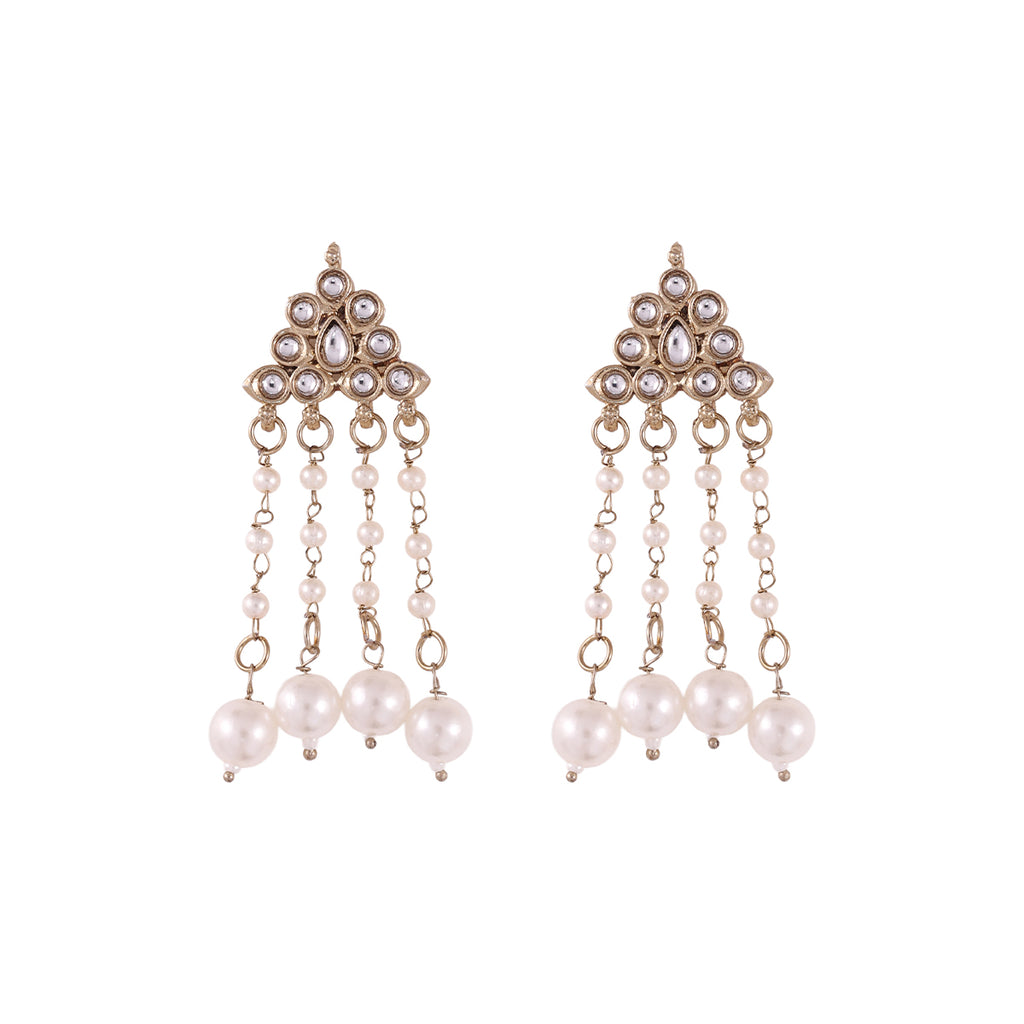 Antique Gold-Tone Kundan Stud with Pearl Chain Drop Earrings