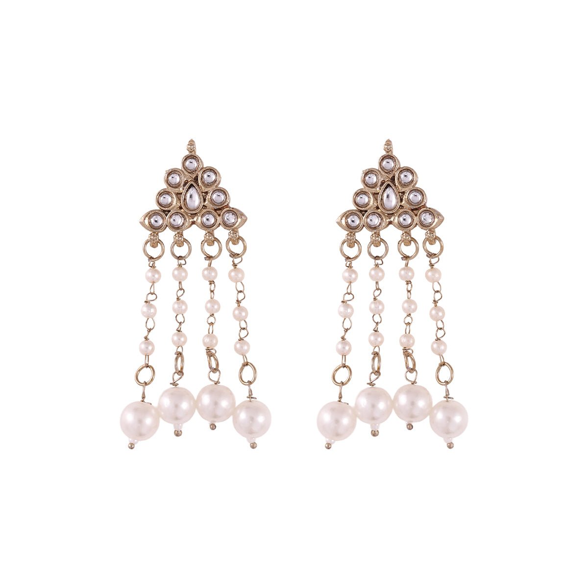 Antique Gold-Tone Kundan Stud with Pearl Chain Drop Earrings