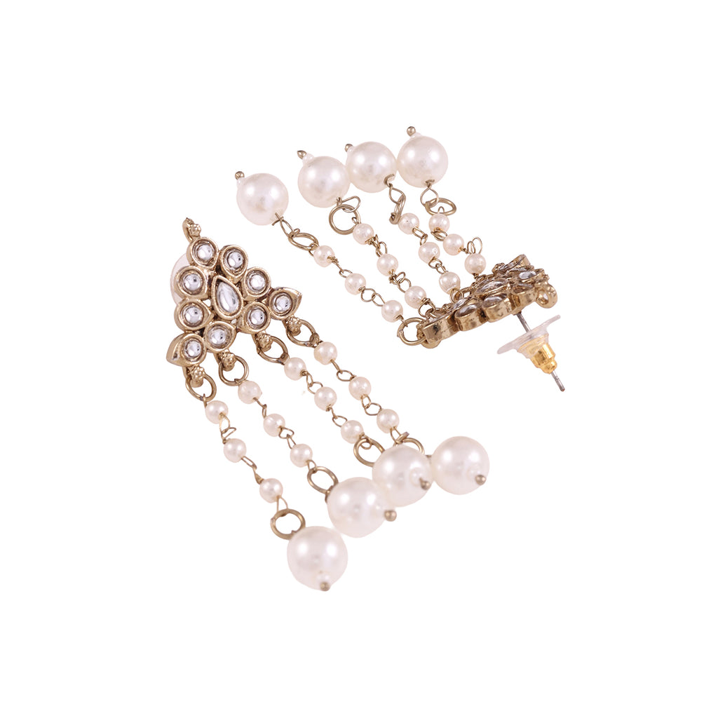 Antique Gold-Tone Kundan Stud with Pearl Chain Drop Earrings