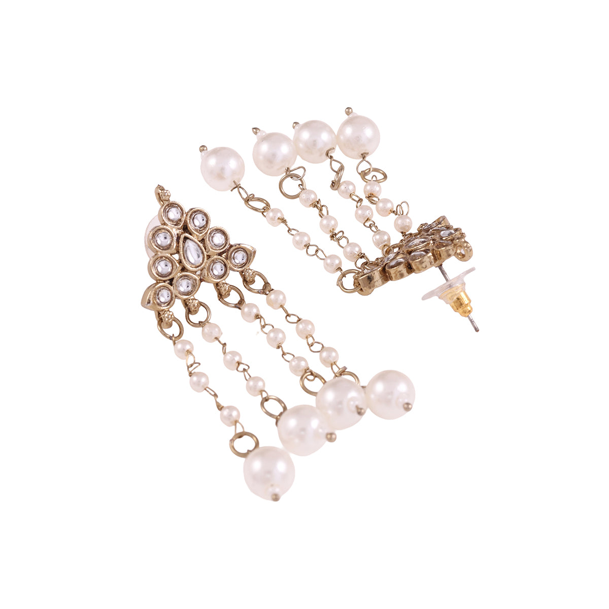 Antique Gold-Tone Kundan Stud with Pearl Chain Drop Earrings