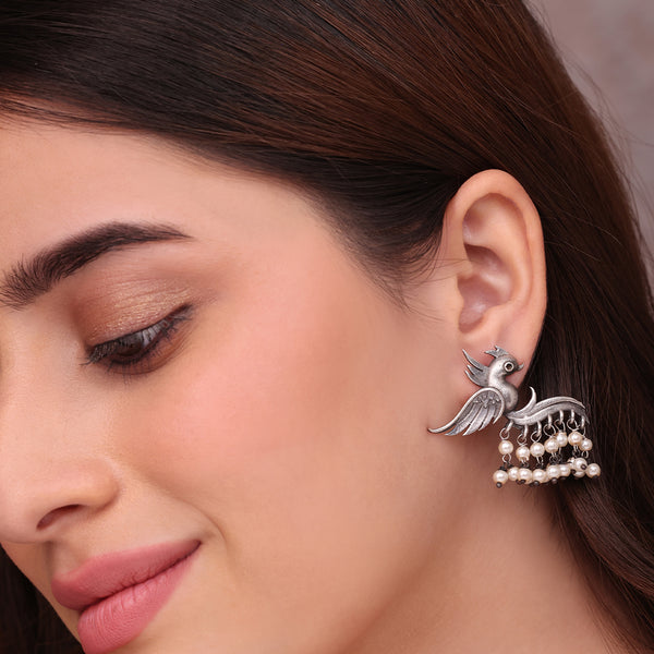 Traditional Oxidized Silver Peacock Dangler Earrings with Pearl Drops