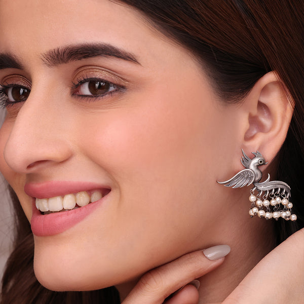 Traditional Oxidized Silver Peacock Dangler Earrings with Pearl Drops