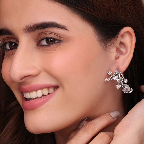 Intricate Oxidized Silver Stud Earrings with American Diamond Accents