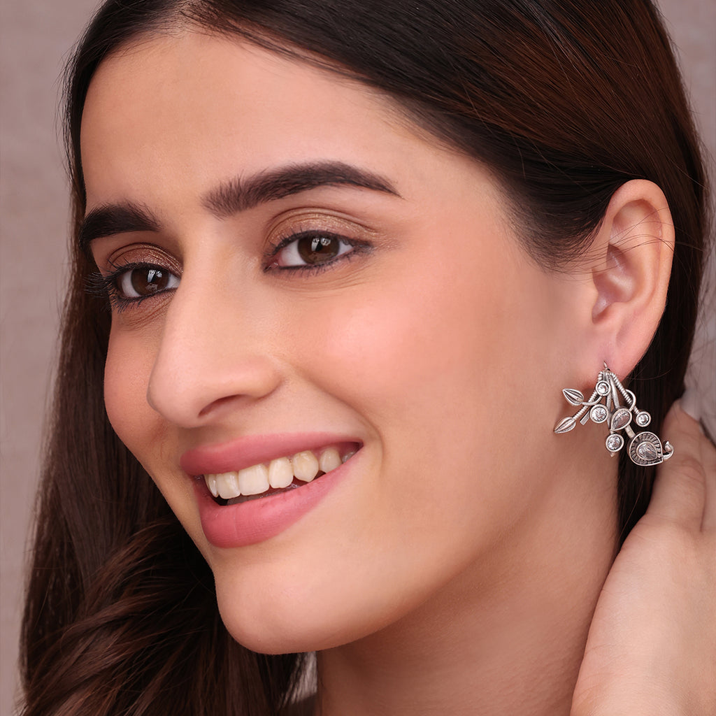 Intricate Oxidized Silver Stud Earrings with American Diamond Accents
