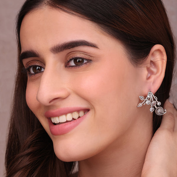 Intricate Oxidized Silver Stud Earrings with American Diamond Accents