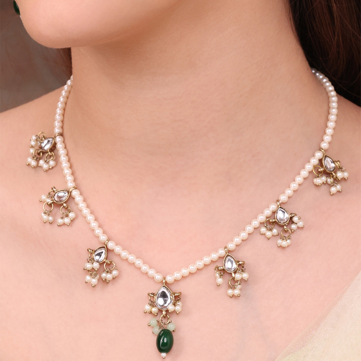 Traditional Pearl Mala Necklace and Earring Set with Green Stone Drops