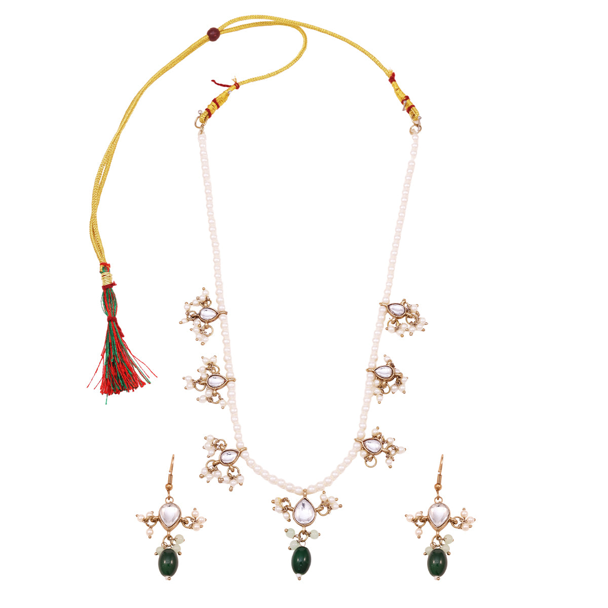 Traditional Pearl Mala Necklace and Earring Set with Green Stone Drops