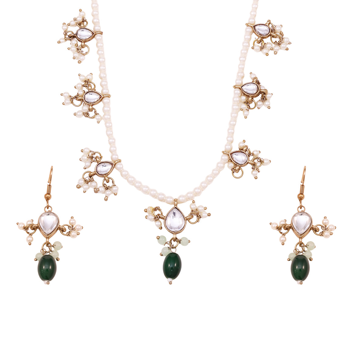 Traditional Pearl Mala Necklace and Earring Set with Green Stone Drops