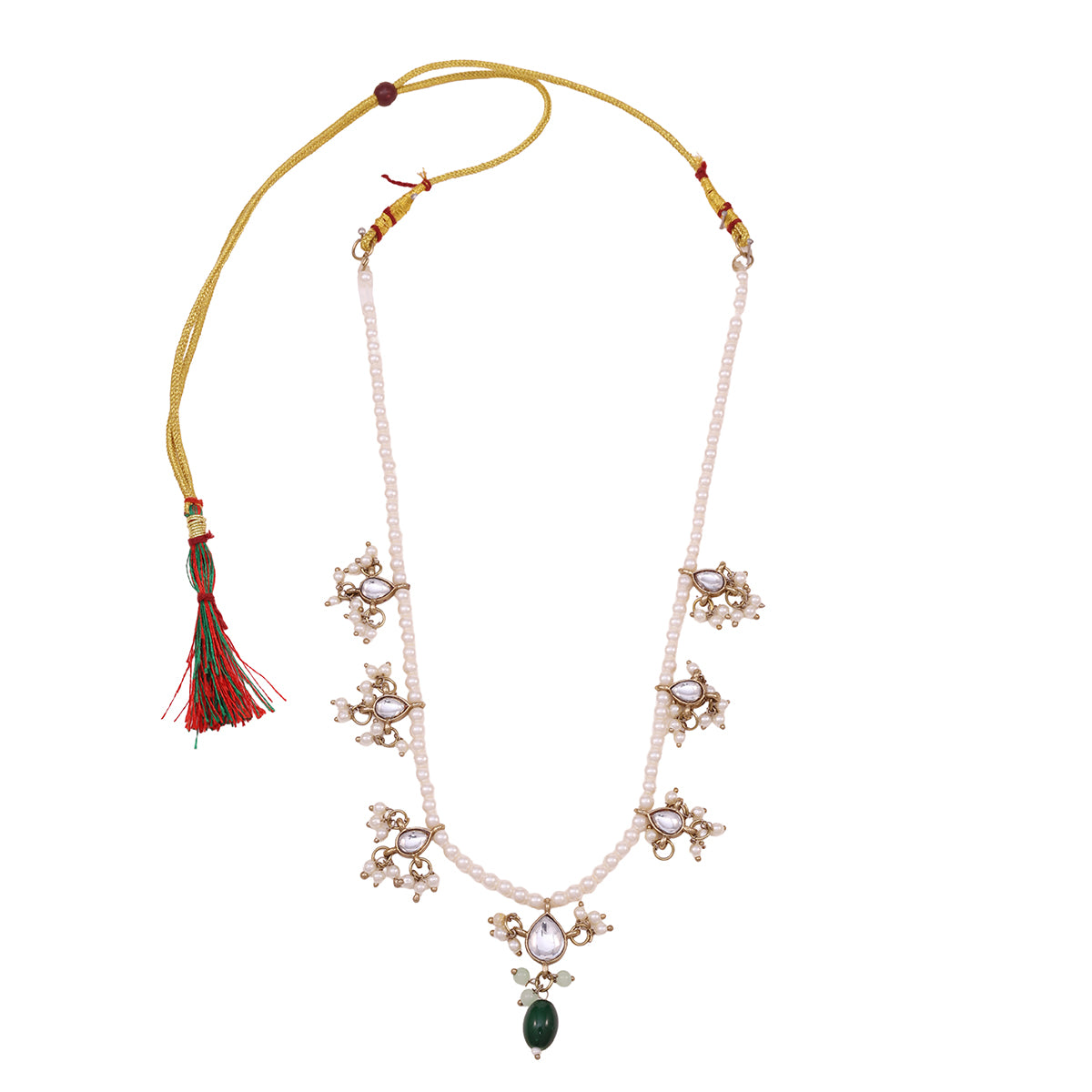 Traditional Pearl Mala Necklace and Earring Set with Green Stone Drops