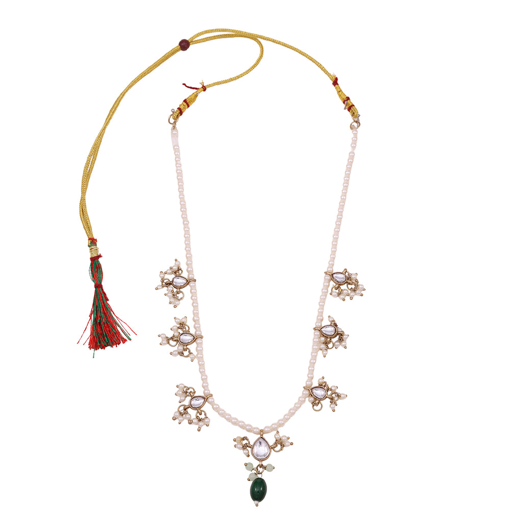 Traditional Pearl Mala Necklace and Earring Set with Green Stone Drops