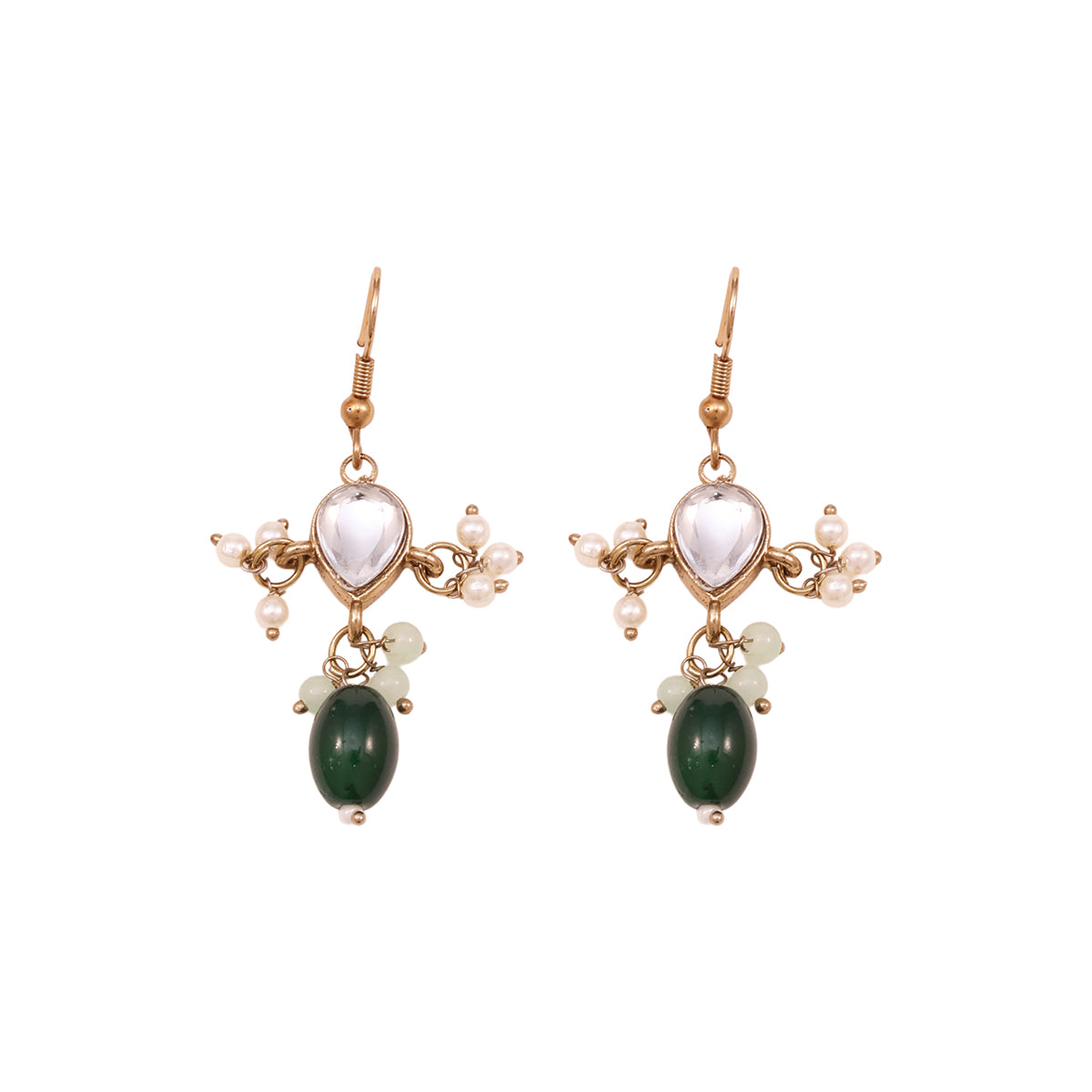 Traditional Pearl Mala Necklace and Earring Set with Green Stone Drops