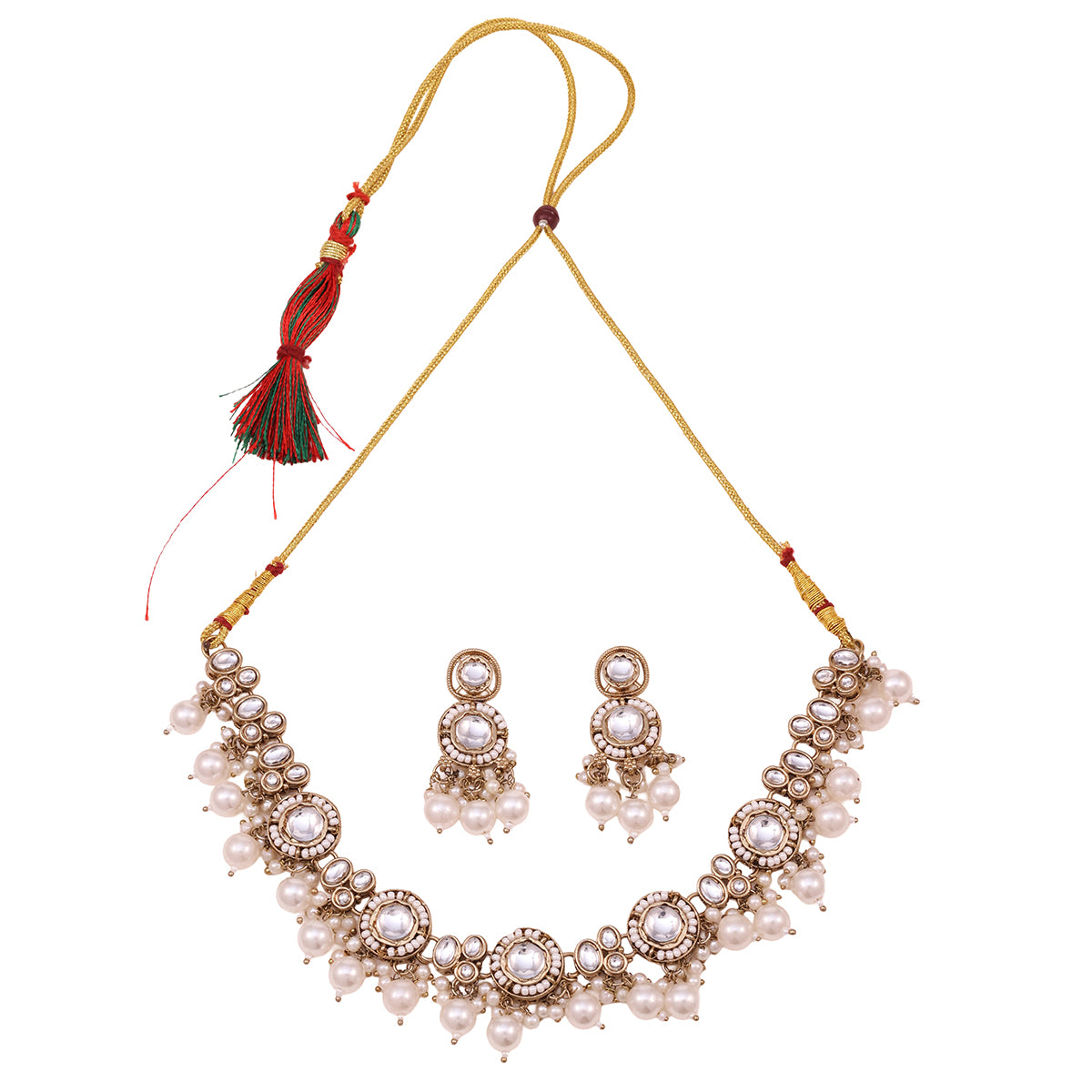 Antique Golden Choker Necklace & Earrings Set with White Stones and Pearl Drops