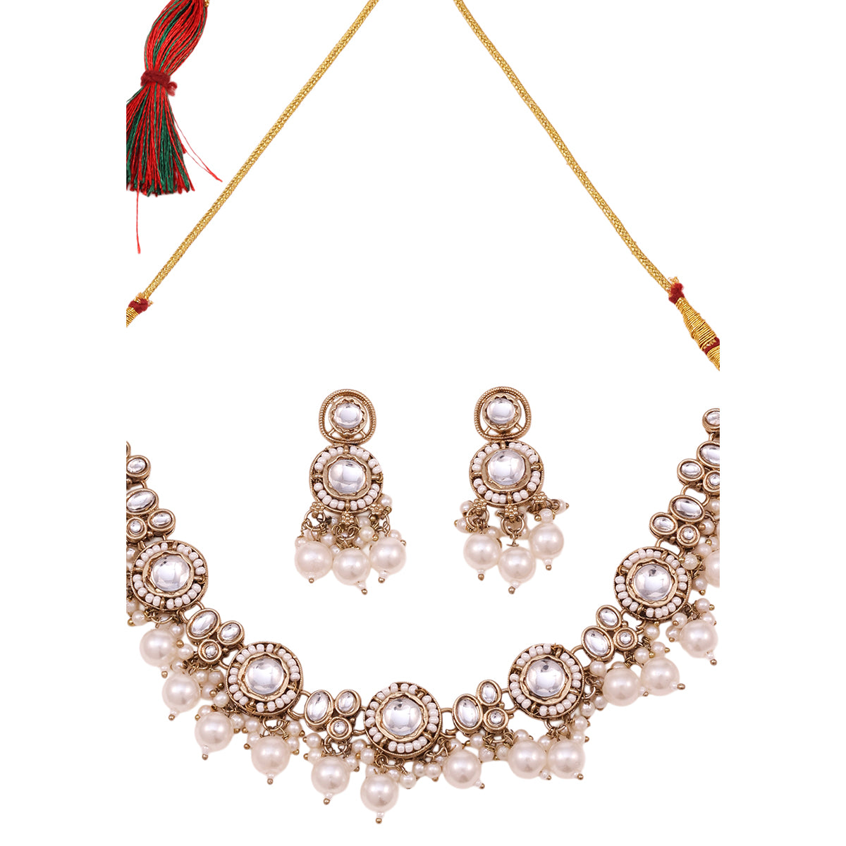 Antique Golden Choker Necklace & Earrings Set with White Stones and Pearl Drops
