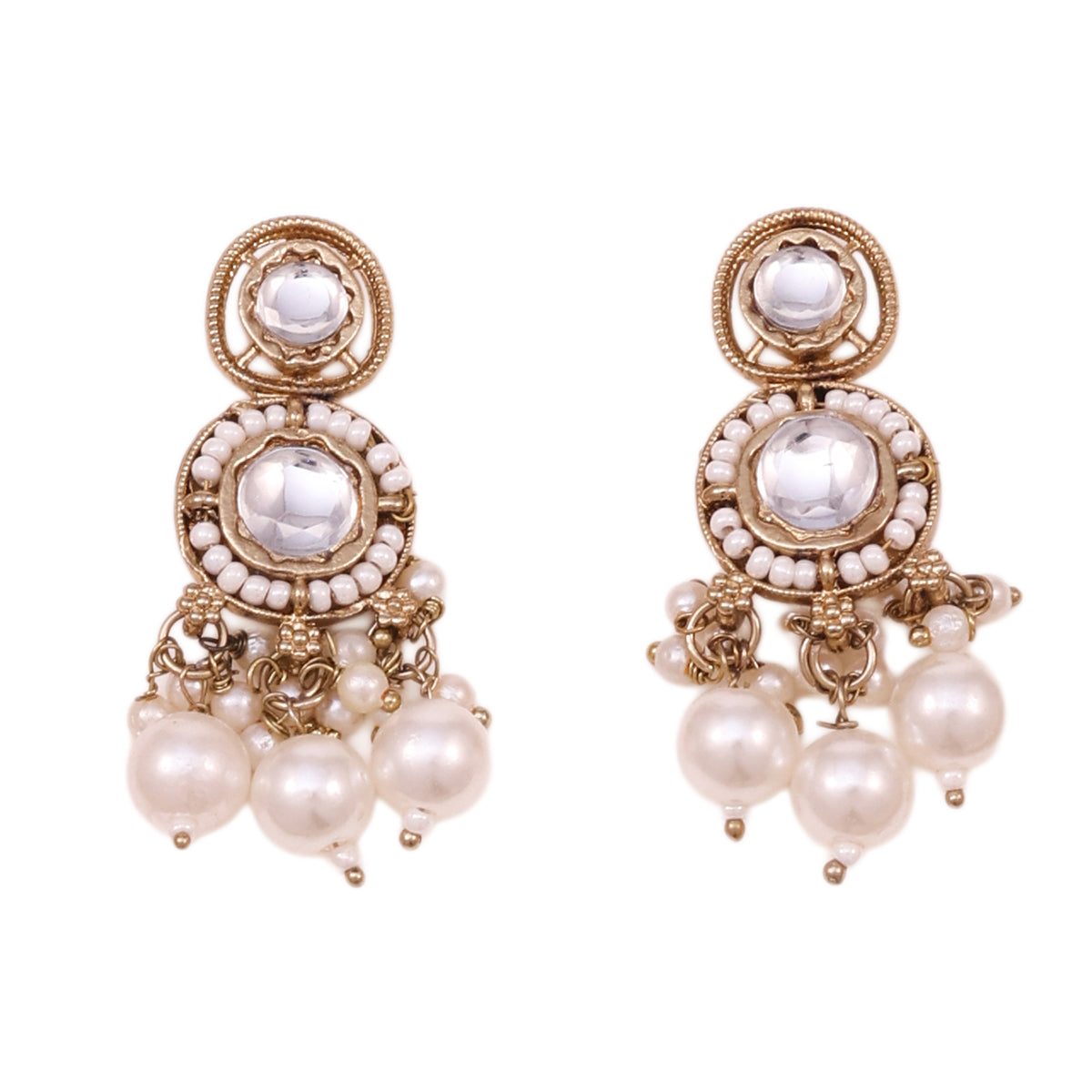 Antique Golden Choker Necklace & Earrings Set with White Stones and Pearl Drops
