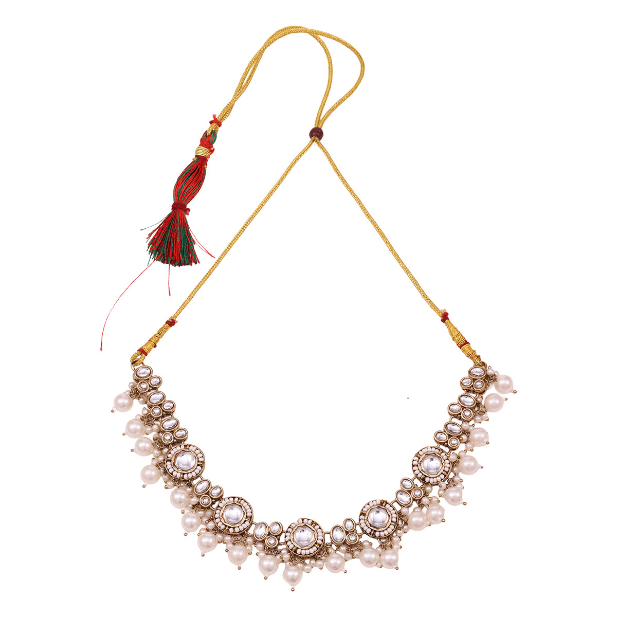 Antique Golden Choker Necklace & Earrings Set with White Stones and Pearl Drops