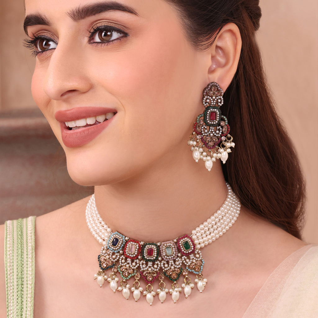 Festive Red-Green Stone Choker Necklace & Earring Set