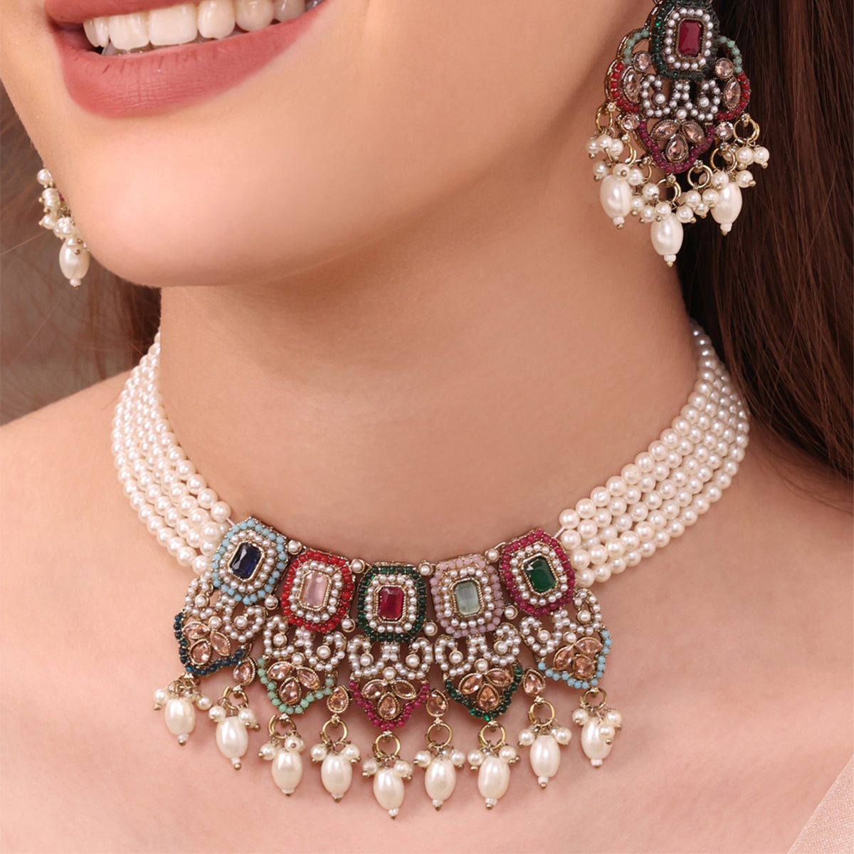 Festive Red-Green Stone Choker Necklace & Earring Set