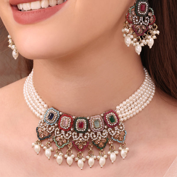 Festive Red-Green Stone Choker Necklace & Earring Set