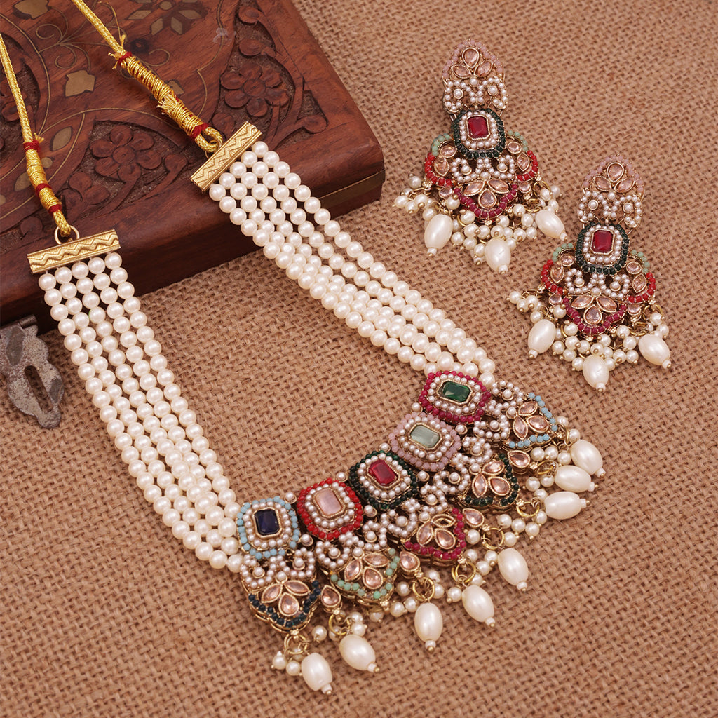 Festive Red-Green Stone Choker Necklace & Earring Set