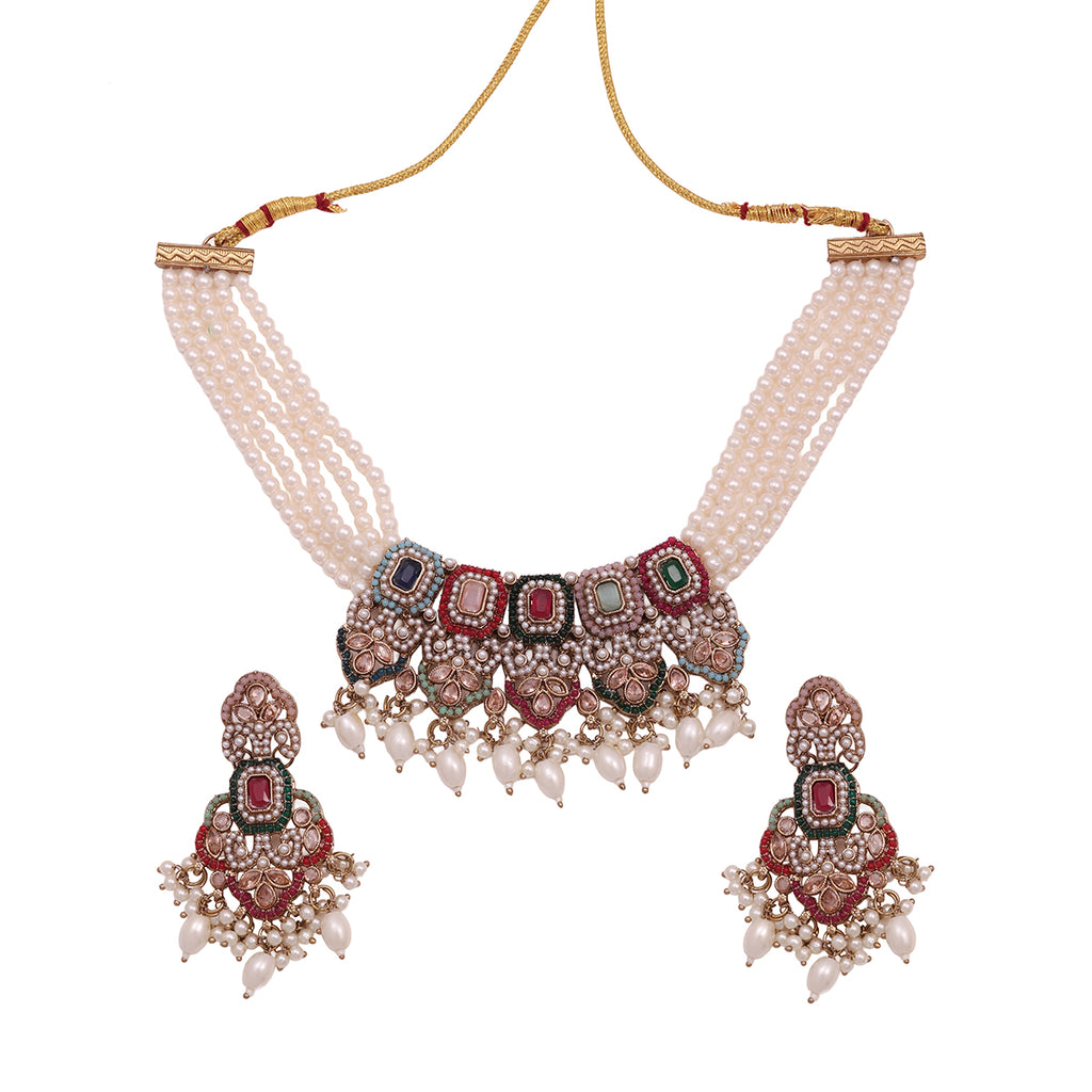 Festive Red-Green Stone Choker Necklace & Earring Set