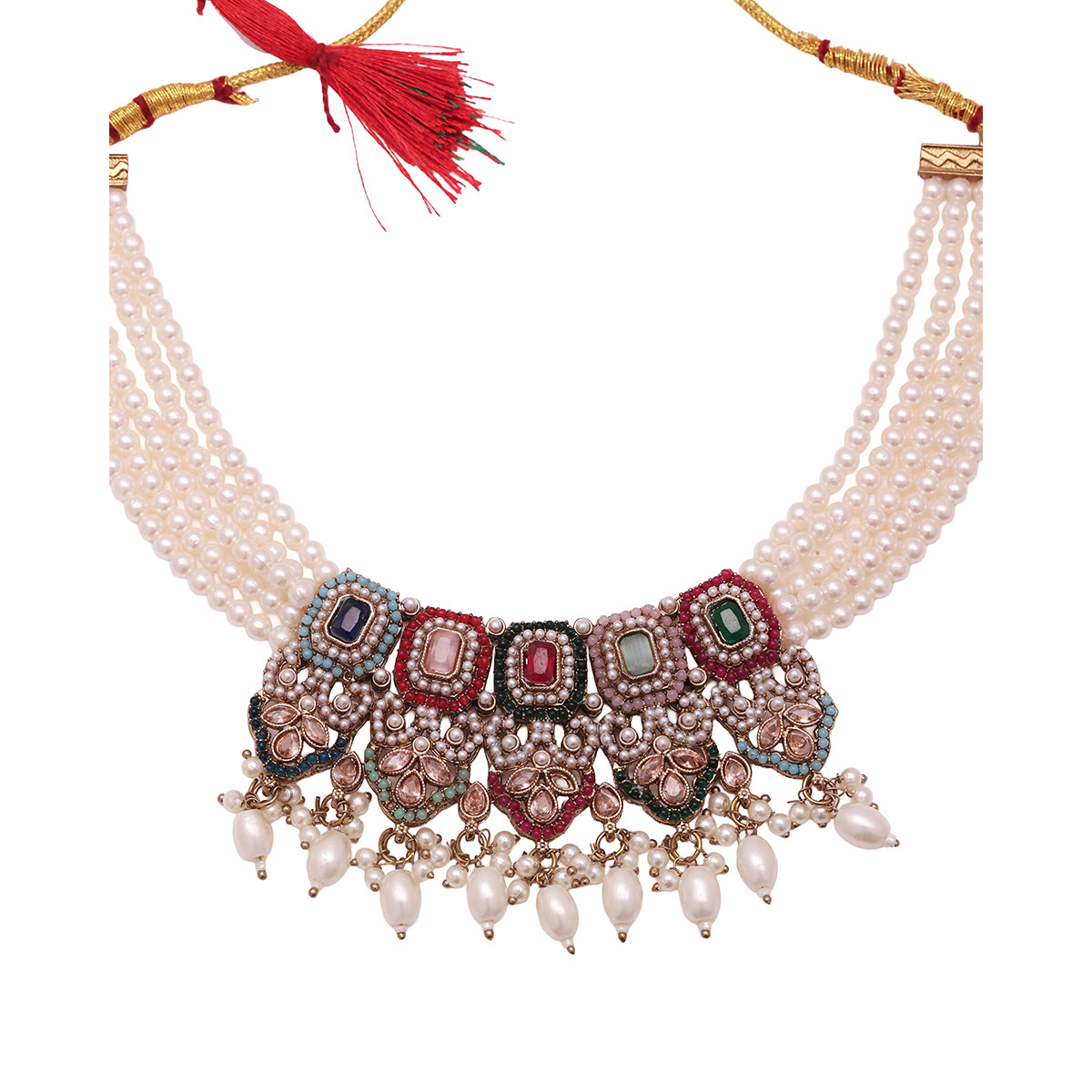 Festive Red-Green Stone Choker Necklace & Earring Set