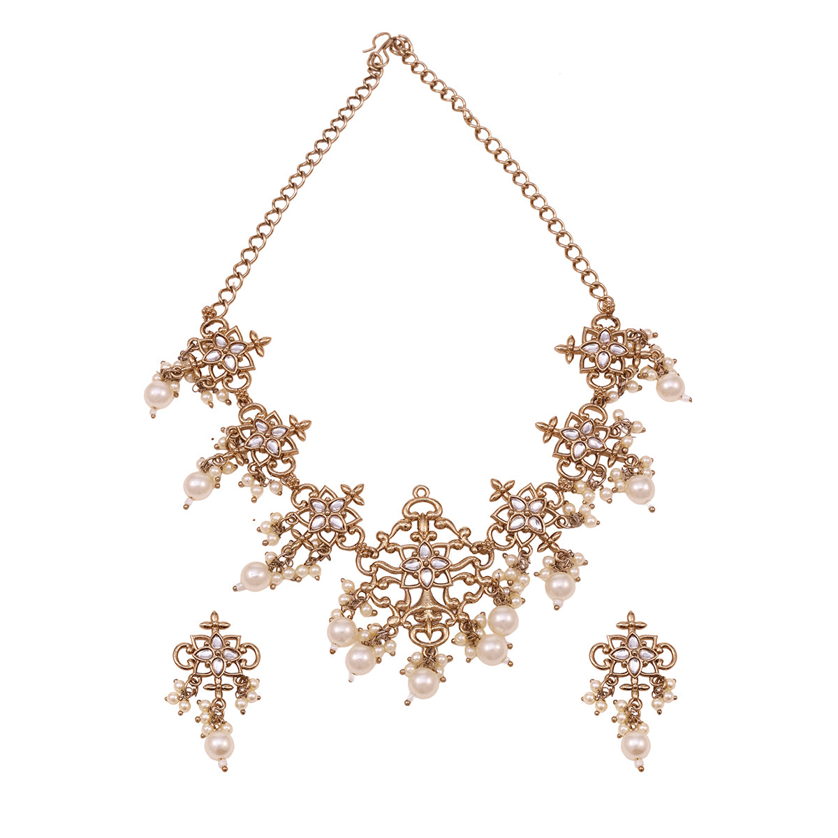 Traditional Gold-Tone Floral Choker Necklace and Dangle Earrings Set