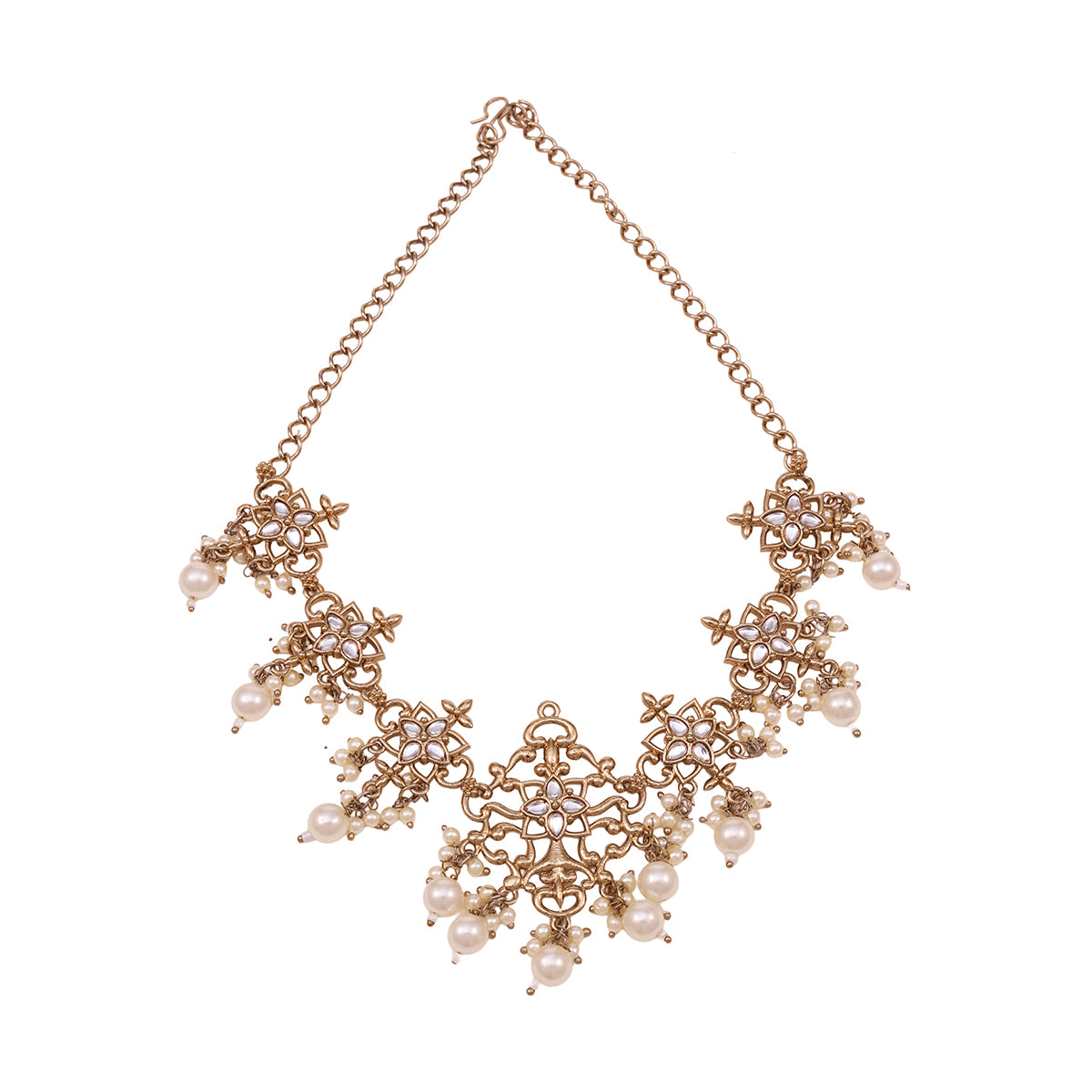 Traditional Gold-Tone Floral Choker Necklace and Dangle Earrings Set