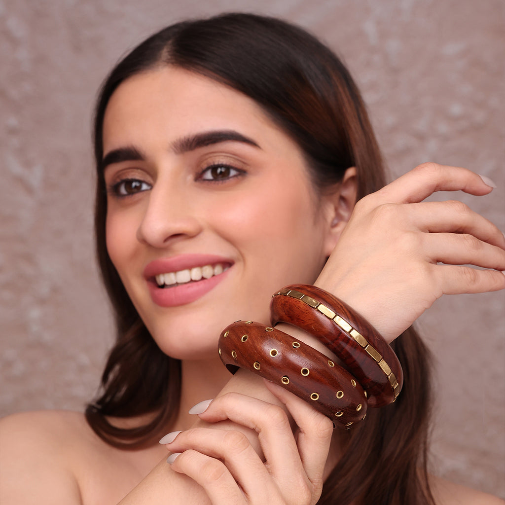 Set of 2 Wide Wooden Bangles with Gold-Tone Studs and Inlay (2.8)