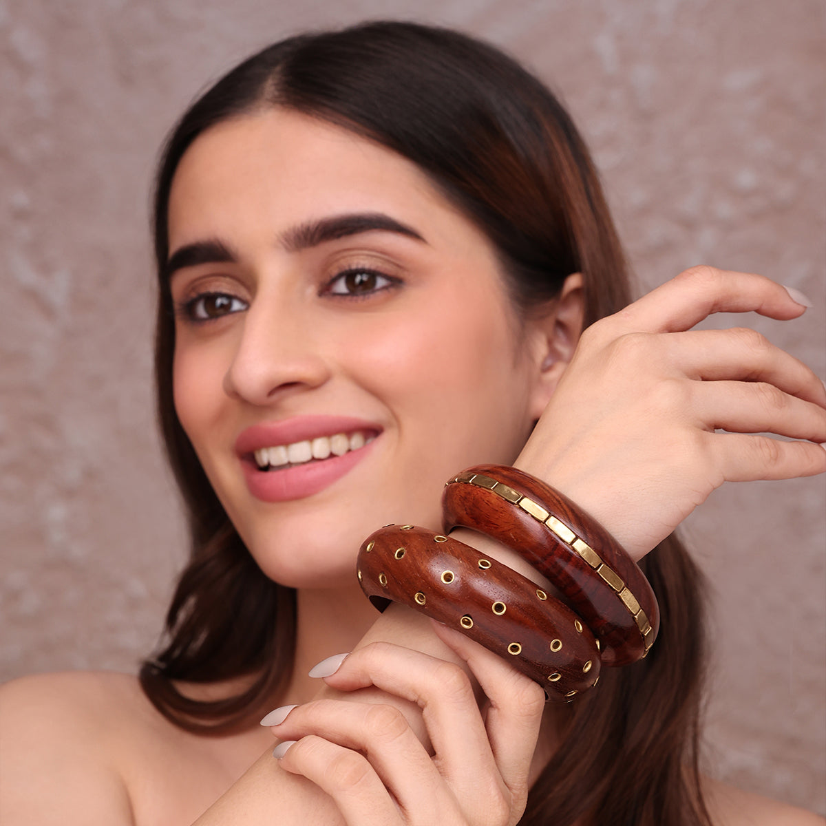 Set of 2 Wide Wooden Bangles with Gold-Tone Studs and Inlay (2.8)