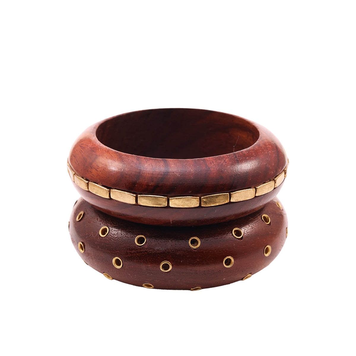 Set of 2 Wide Wooden Bangles with Gold-Tone Studs and Inlay (2.8)