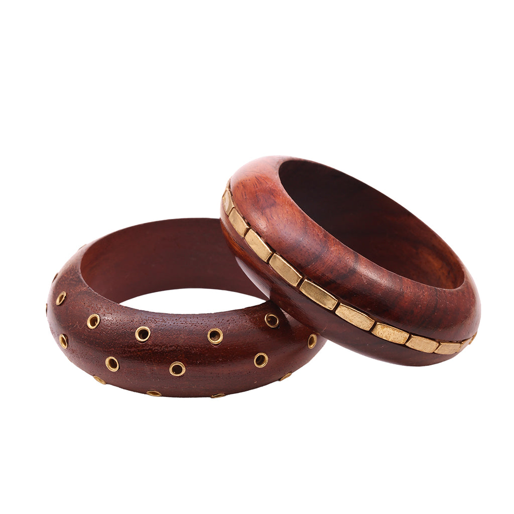 Set of 2 Wide Wooden Bangles with Gold-Tone Studs and Inlay (2.8)