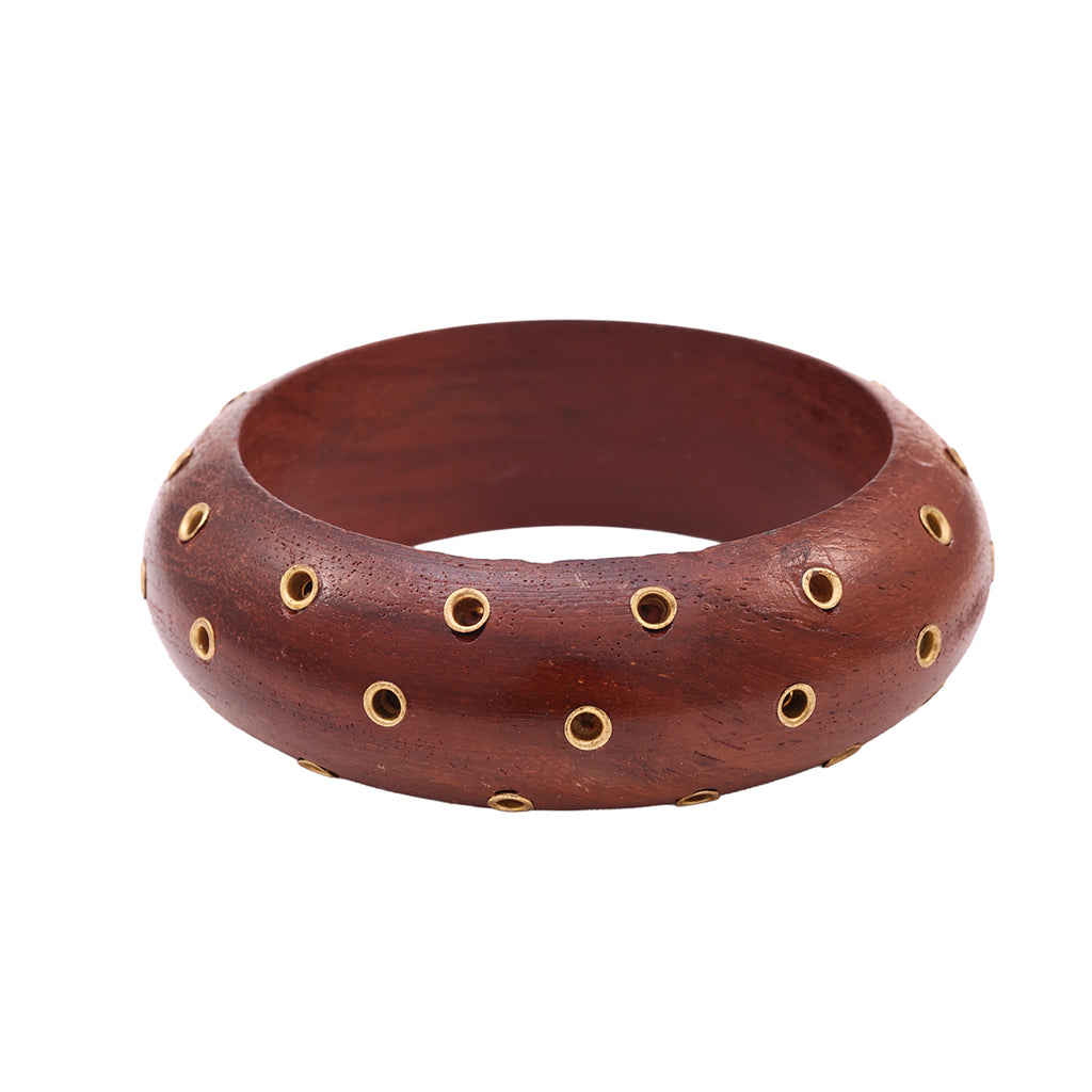 Set of 2 Wide Wooden Bangles with Gold-Tone Studs and Inlay (2.8)