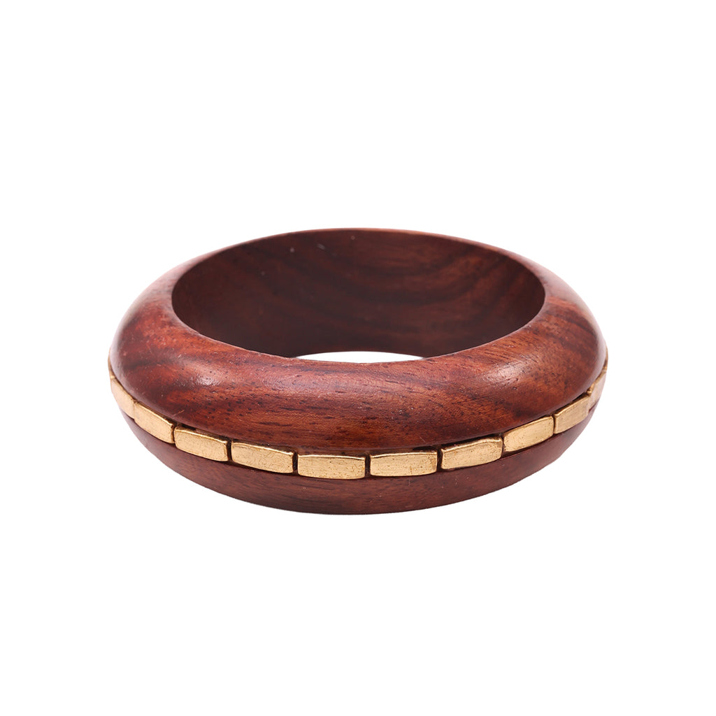 Set of 2 Wide Wooden Bangles with Gold-Tone Studs and Inlay (2.8)