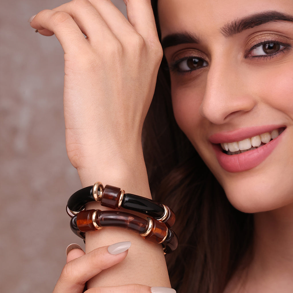 Set of 2 Chic Bracelets in Tortoiseshell & Gold Accents